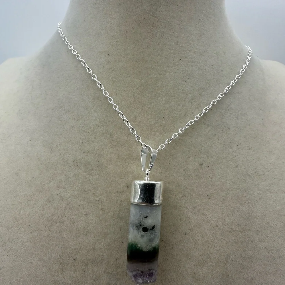 Amethyst and Agate Cylinder Pendant on Box Chain